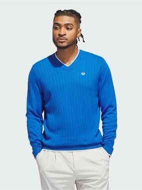 adidas Men’s V-Neck Ribbed Sweater in Bright Blue